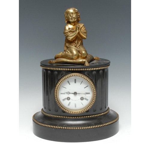 1690 - A 19th century gilt-patinated figural bronze and black marble mantel clock, 9cm white enamel dial in... 