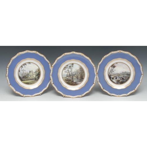 170 - Three Royal Crown Derby shaped circular plates, painted by Michael Crawley, signed, each painted wit... 