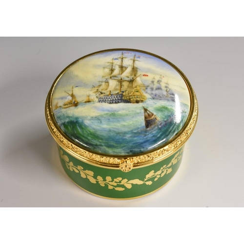 173 - A Lynton circular table box, painted by Stefan Nowacki, signed, with a flotilla of Royal Navy warshi... 