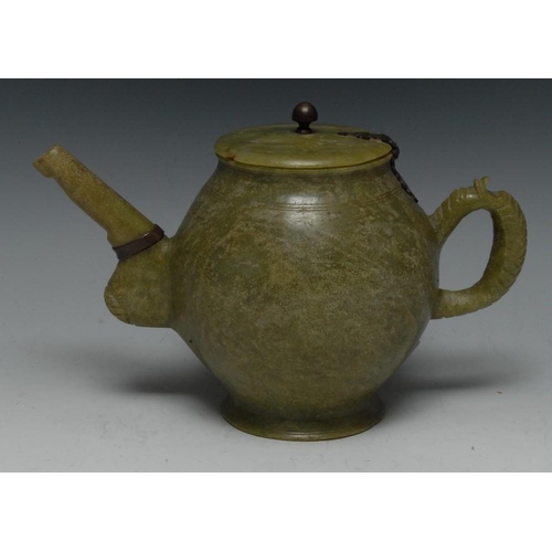 231 - A Persian hardstone Jadeite teapot and cover, metal knop and hinges, 19cm high