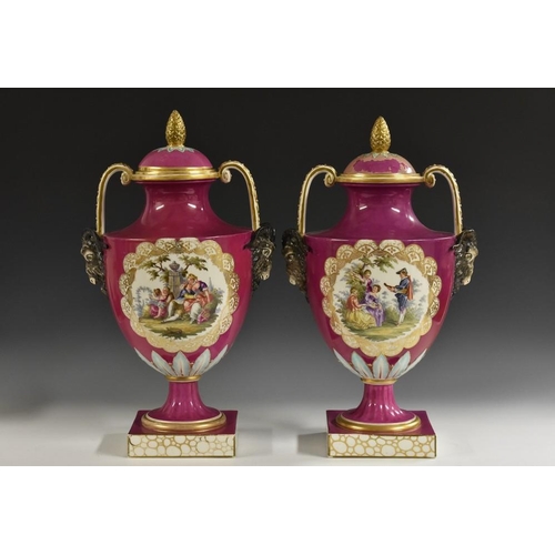 248 - A large pair of Berlin two handled pedestal ovoid vases and covers, decorated with courting couples ... 