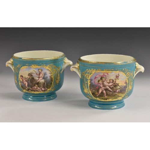 254 - A pair of 18th century Sevres cache pots, each later decorated with musical instruments, the verso w... 