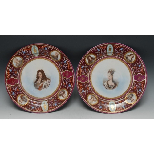 255 - A pair of Austrian circular plates, printed with Louis XVI and Madame Pompadour, the border with alt... 