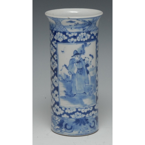 293 - A 19th century Chinese porcelain cylinder sleeve vase, painted in underglaze blue with a robed offic... 