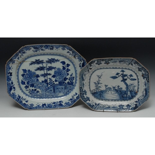 301 - A Chinese canted rectangular meat plate, painted in underglaze with two spotted deer, the rim with i... 