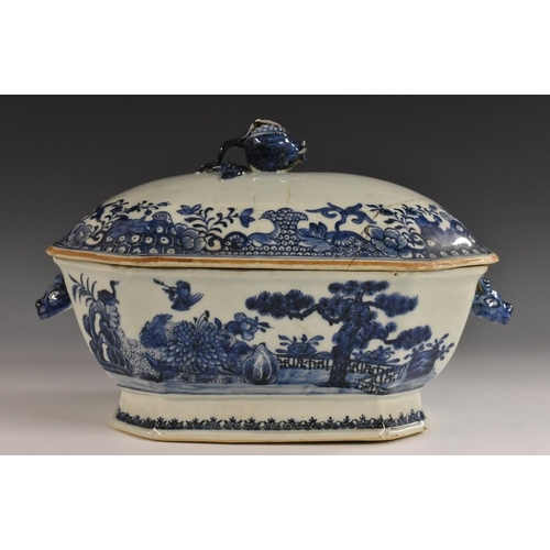 304 - A Chinese canted rectangular tureen and cover, decorated in underglaze blue with fence, birds in fli... 