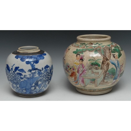 319 - A Chinese crackle glazed ovoid vase, painted in polychrome enamels with a family group, 24cm high; a... 