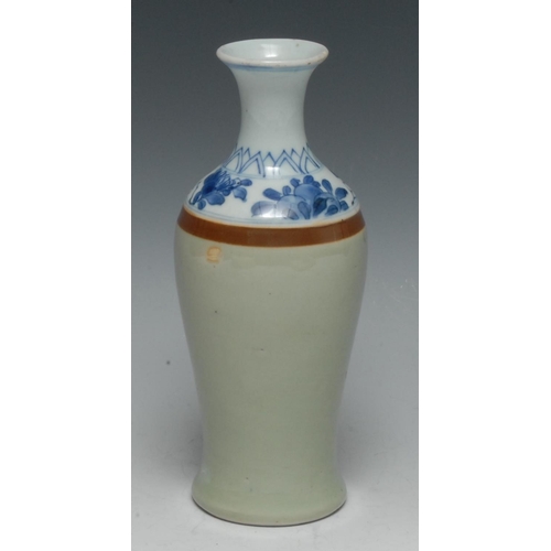 346 - A Chinese slender baluster vase, painted in tones of underglaze blue above a Batavian brown band and... 