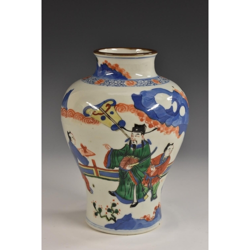 347 - A Chinese wucai baluster vase, painted in polychrome with an official and attendants, brown band to ... 