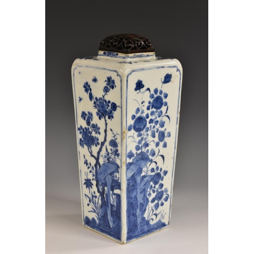 352 - An 18th century Chinese tapering square vase, decorated in underglaze blue with blossoming prunus, f... 