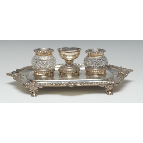 505 - A George III Scottish silver shaped rectangular inkstand, hobnail-cut clear glass wells, gadrooned a... 