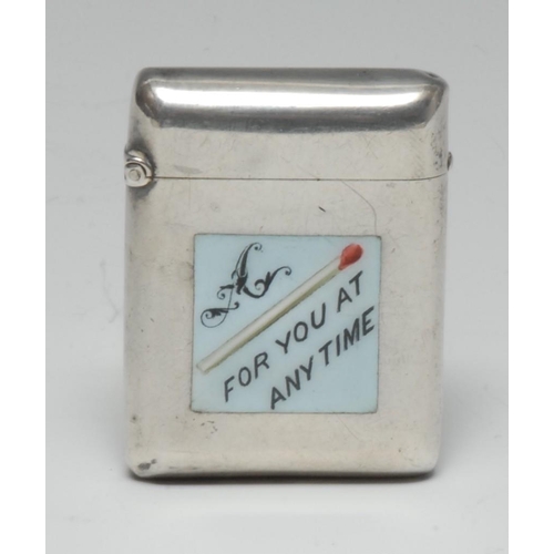 599 - A Victorian silver and enamel rounded rectangular novelty vesta case, decorated with an amusing pict... 