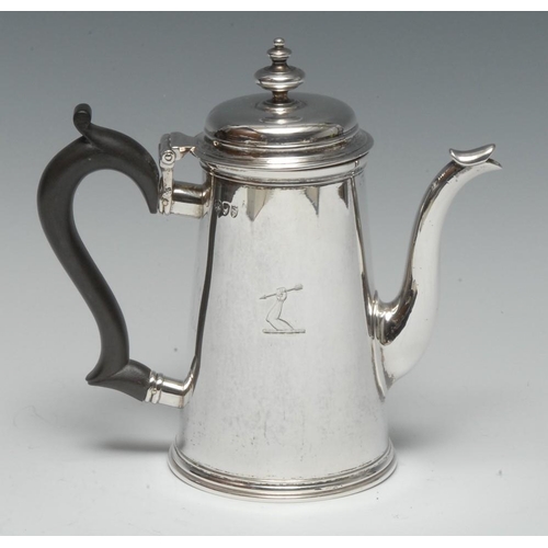 602 - A Victorian silver conical bachelor's coffee pot, of George I design, hinged cover with knop finial,... 