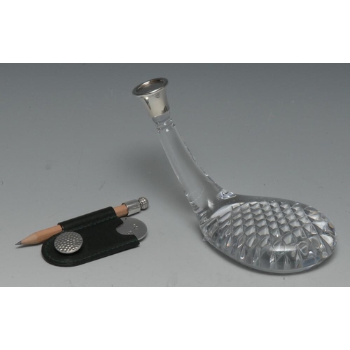 675 - Golf - an Elizabeth II silver mounted clear glass novelty desk weight, as a golf club, hobnail base,... 