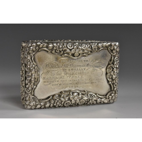 685 - Scottish Interest- an early Victorian silver bowed rectangular table snuff box, hinged cover inscrib... 