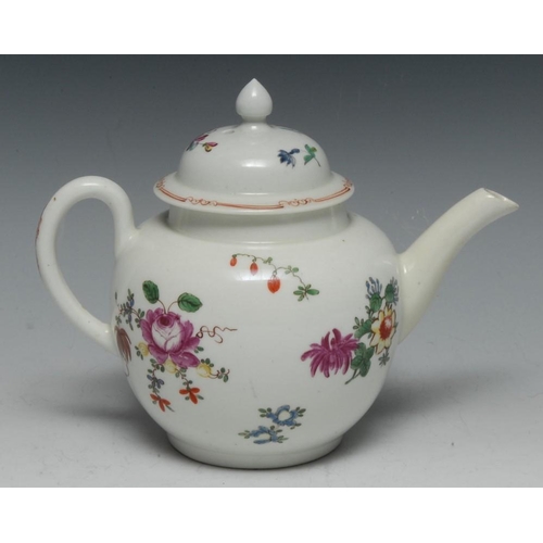 82 - A Worcester globular teapot and cover, decorated in the workshop of James Giles with scattered colou... 