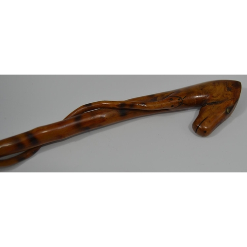 35 - A 19th century child's walking cane, the pommel carved as the head of a horse, paste set eyes, entwi... 