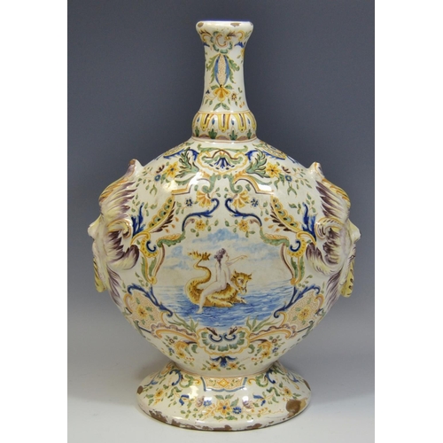 56 - A 19th century maiolica vase, of flattened ovoid form with onion neck, decorated with merbeast and f... 