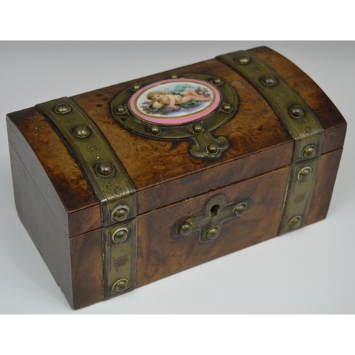 65 - A 19th century porcelain and gilt brass mounted burr walnut box, hinged cover applied with an oval p... 