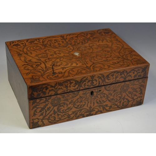 66 - A 19th century rectangular mahogany work box, inlaid to cover and front with scrolling foliage, 30cm... 