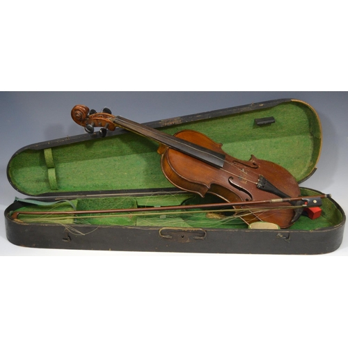 71 - A 19th century violin, double purflings, ebonised keys, 37cm two piece back,label for Murdoch, Murdo... 