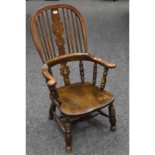 787 - A Victorian Windsor chair, pierced splat, spindle back, saddle seat, turned double H-stretcher, c.18... 