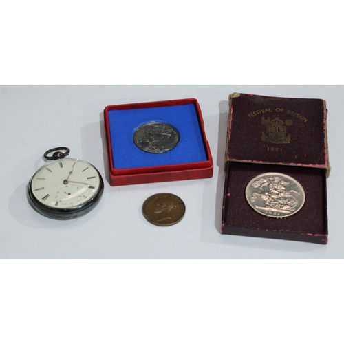 535 - A silver open face pocket watch, white enamel dial, Roman numerals, subsidiary seconds dial, the int... 