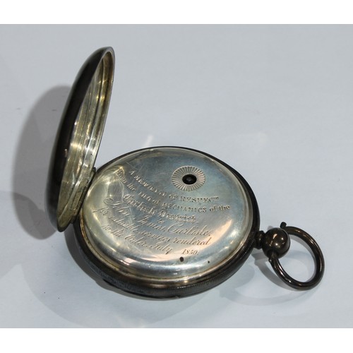 535 - A silver open face pocket watch, white enamel dial, Roman numerals, subsidiary seconds dial, the int... 