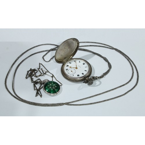 538 - A silver hunter pocket watch, engine turned case, white enamel dial, subsidiary seconds hand, Harris... 