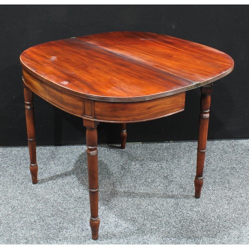 395 - *** Fine Art *** A George III mahogany demilune tea table, hinged top with reeded edge, above a deep... 