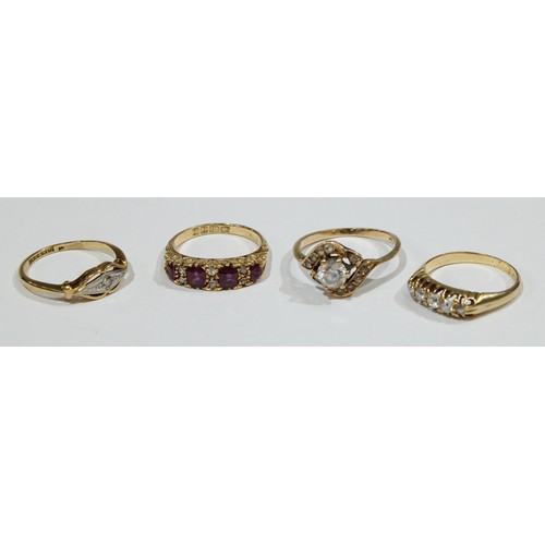 579 - A 14 ct gold dress ring, set with white stones, 2.3g; three 18ct gold rings set with diamond chips, ... 