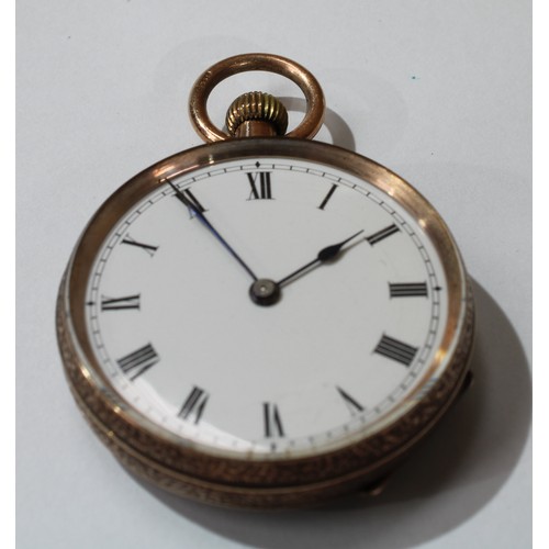 584 - A 9ct rose gold lady's open face pocket watch, white enamel dial, Roman numerals, 5cm over suspensio... 