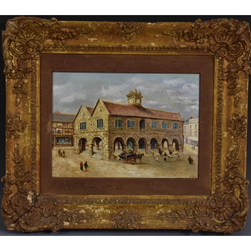 5008 - AFK Market Square signed with initials, oil on board, 16.5cm x 23.5cm