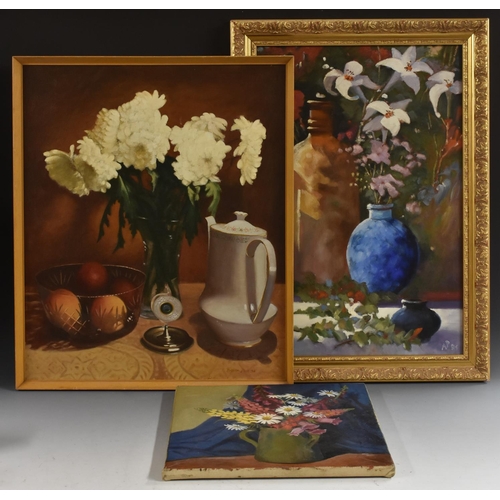 5017 - Arthur Pass Still Life, Flowers in a Vase, Coffee Pot and Peaches signed, oil on plywood panel, 60cm... 