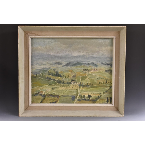 5020 - Audrey Ashton Landscape, Tuscany signed, dated 1967, female nude to verso, oil on board, 45cm x 55cm