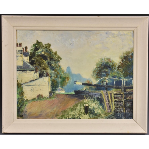 5057 - Dorian Ker The Lock Gate inscribed to verso, oil on canvas laid on hardboard, 38cm x 50cm