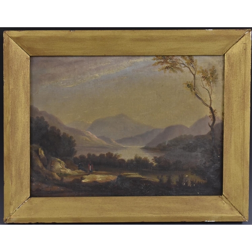 5091 - English School (19th century) Picturesque View, Figures Beside a Lake inscribed to verso, oil on can... 