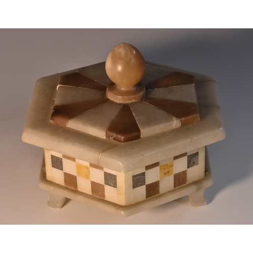 3061 - A 19th century alabaster hexagonal box and cover, ovoid knop finial, banded cover, the side chequere... 