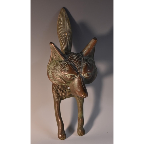 3066 - A dark patinated bronze door knocker, cast as a fox, 26cm long