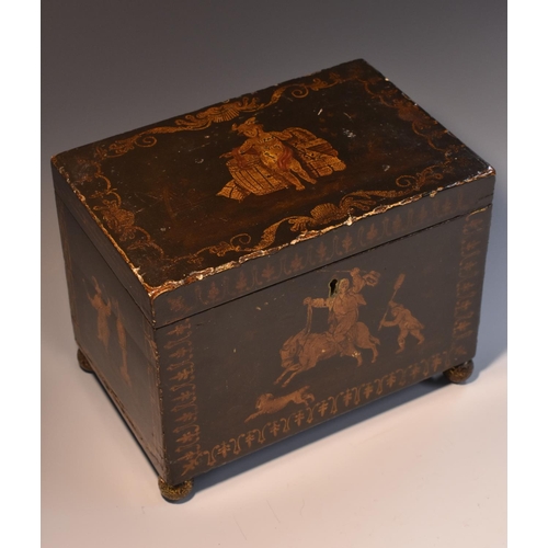 3070 - A George III japanned rectangular tea caddy, hinged cover enclosing twin compartments, painted with ... 