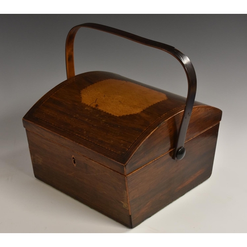 3073 - A George III partridge wood domed rectangular basket form swing-handled work box, hinged cover centr... 