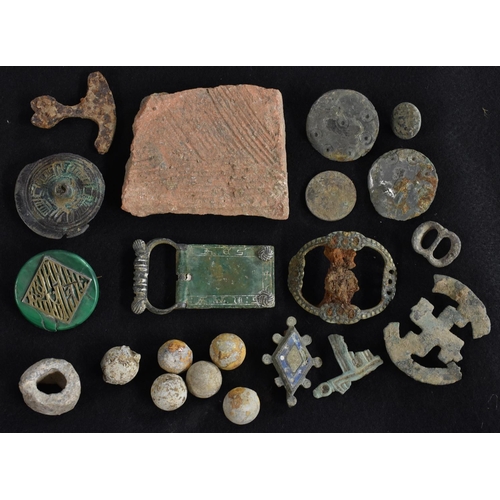 3501 - Antiquities - various metal detector finds and excavated artefacts, buckles, loom weights, musket ba... 