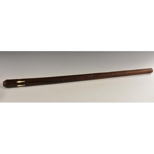 3503 - Tribal Art - a 19th century Polynesian hardwood pole club, the head inlaid with six bone fish, 84cm ... 