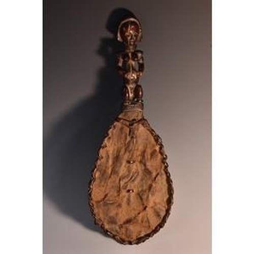 3505 - Tribal Art - a Fang spoon or scoop, the handle carved as a female figure, hide bowl, 35cm long, Cent... 