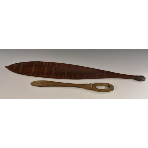 3512 - Tribal Art - a Polynesian hardwood lime spatula, elliptical finial carved with a band of stylised kn... 