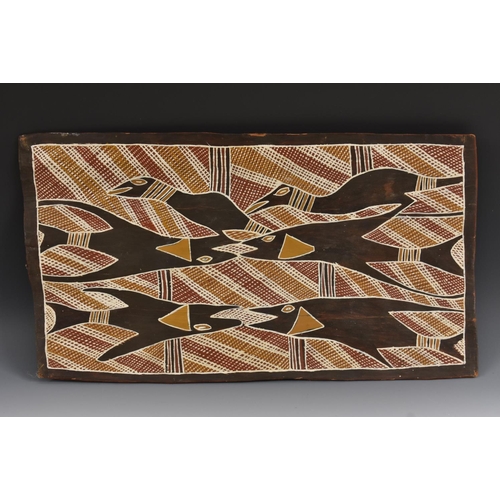 3525 - Tribal Art - an Australian Aboriginal bark painting, in earth tones with stylised birds on a hatched... 