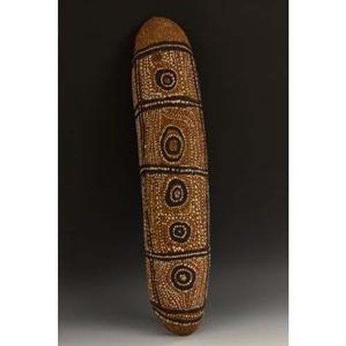 3527 - Tribal Art - an Australian Aboriginal coolamon vessel, hollowed out and painted in coloured pigments... 