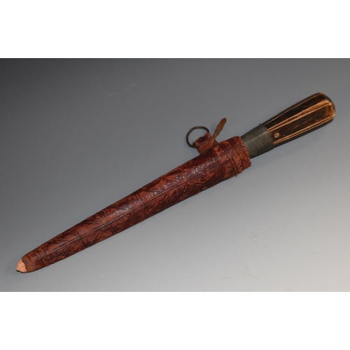 3543 - An Oriental dagger, 17cm straight single-edged blade, with armourer's mark, wire bound softwood grip... 