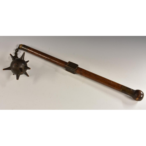 3547 - An early 20th century flail mace, wooden spiked globular head, cylindrical haft with rectangular kno... 