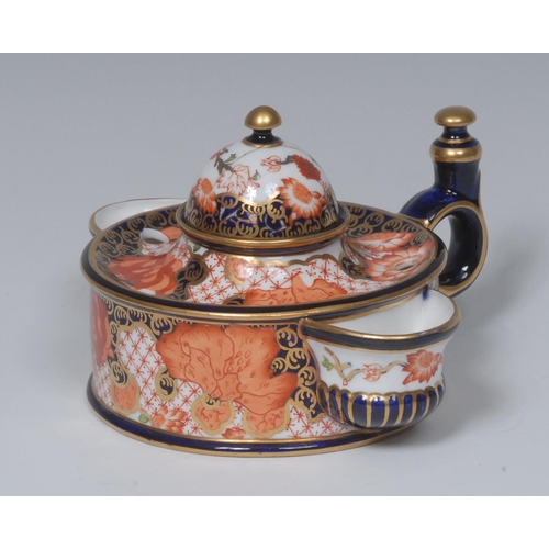 132 - A Royal Crown Derby Imari inkwell, of cylindrical form, with central well, five pen apertures, loop ... 